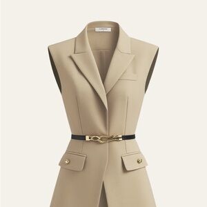 Commense Sleeveless Beige Tailored Vest with Gold Accent Belt